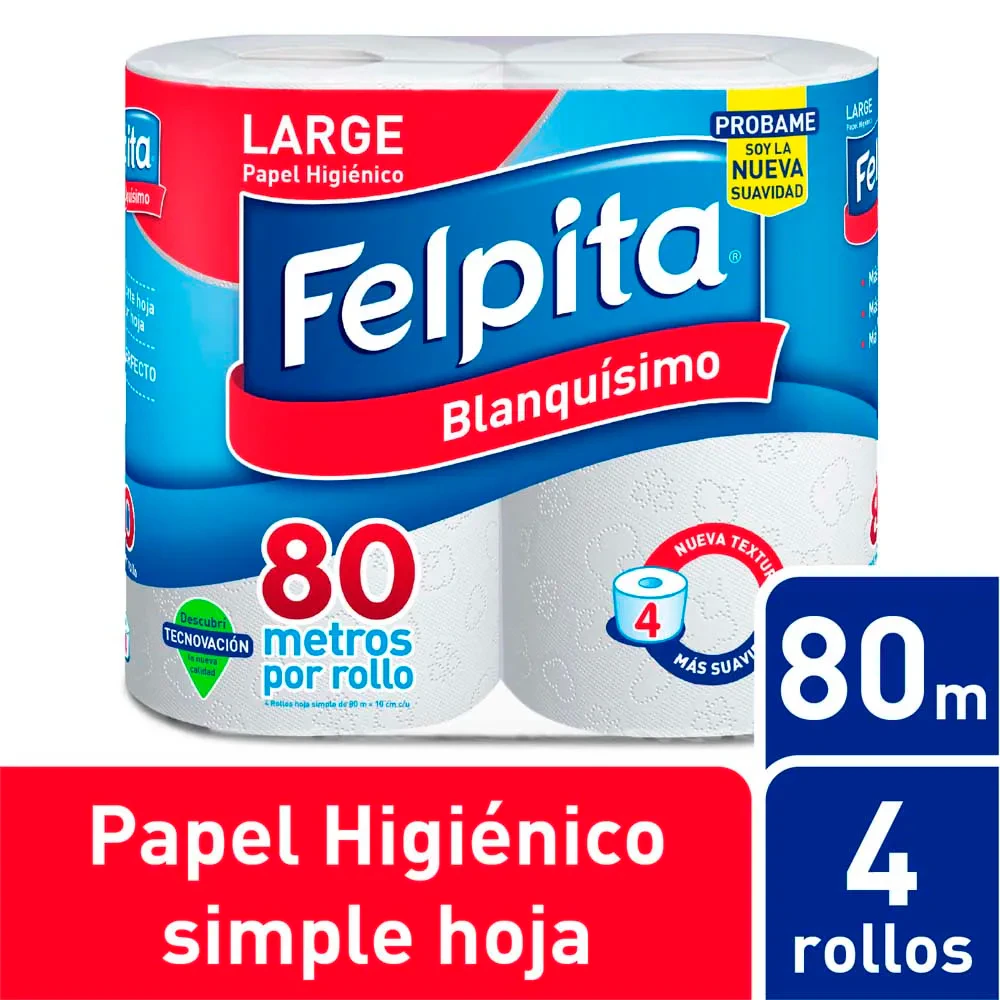 Papel Higienico Felpita X   4 Rollos Hoja Simple 80m Unidad